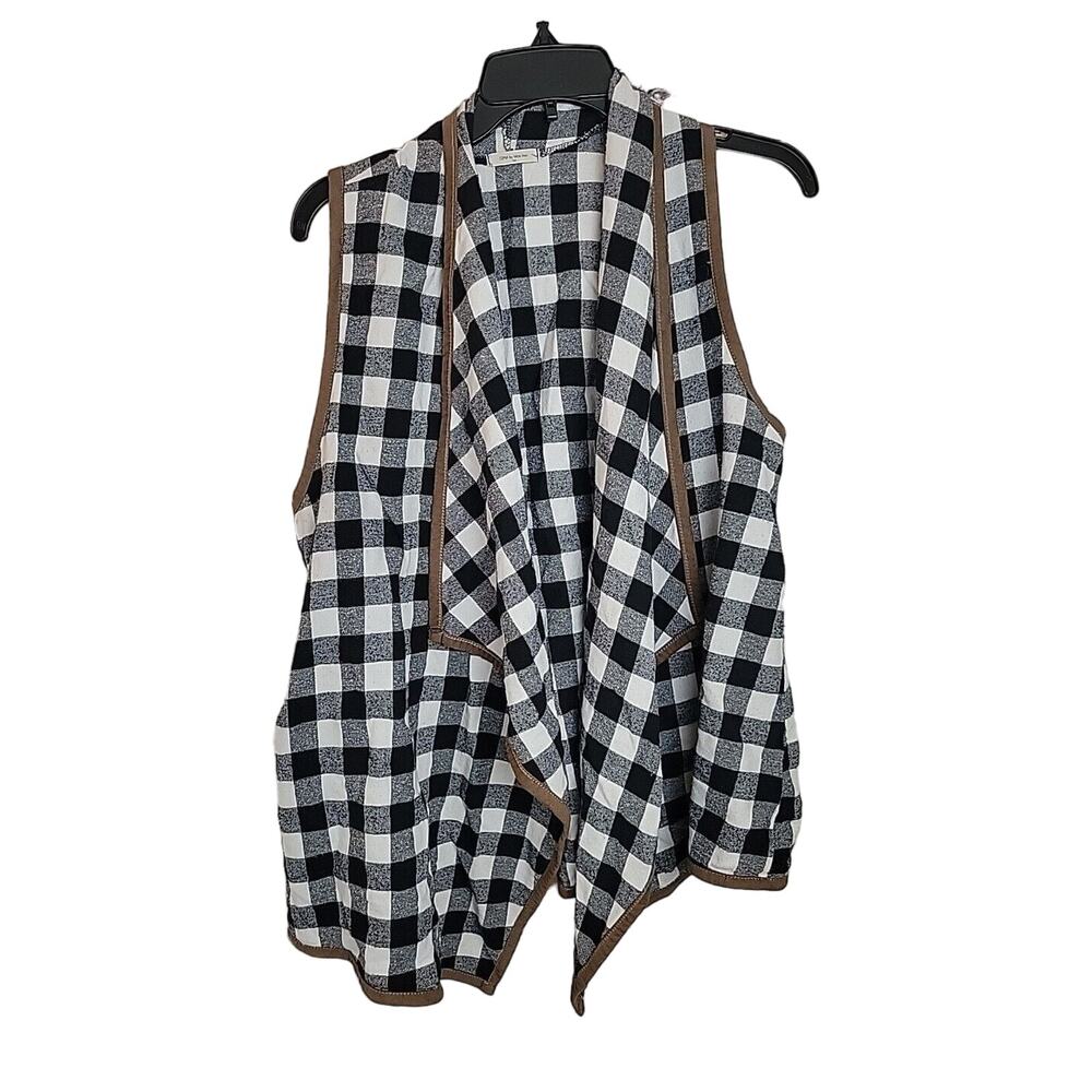 12PM‎ Mon Ami Black Buffalo Check Cardigan Open Front Sleeveless Top Size Large